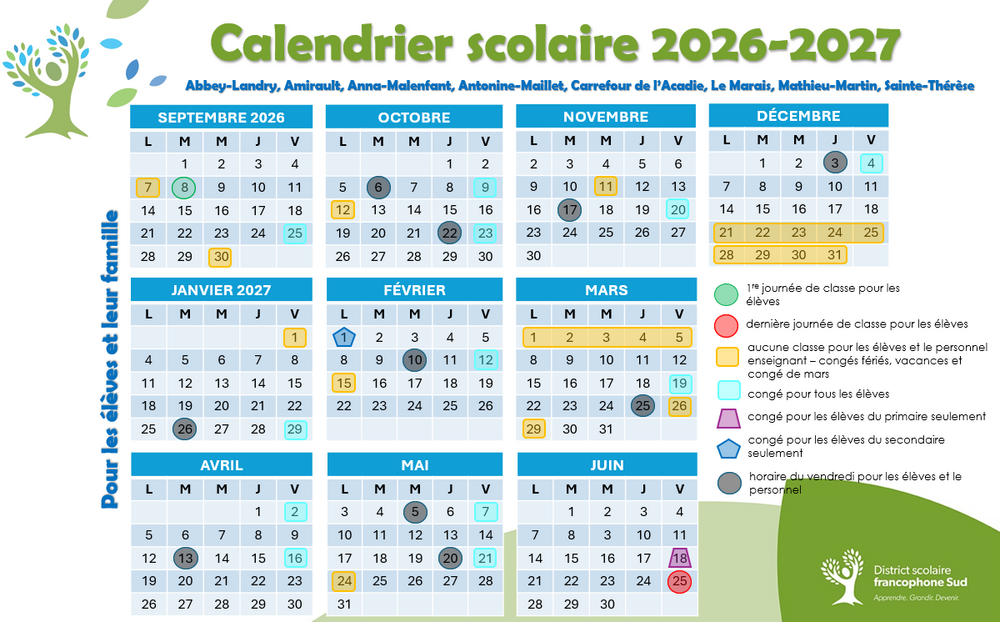 Calendrier scolaire 2026-2027
